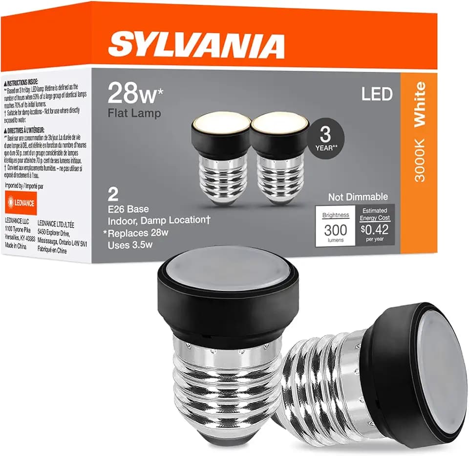 Sylvania Flat LED Light Bulb, 3.5W, E26 Medium Base, 300 Lumens, 3000K, Warm White, for Lamp Shades, Sylvania Shades 42704/42698, Black - 2 Pack (42693)
