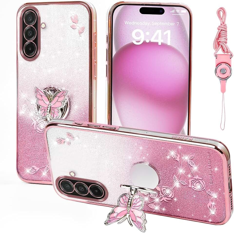 for Samsung Galaxy A26 5G Phone Case,for A26 Mobile Phone Case for Women and Girl, Glitter Butterfly Floral TPU Protective Cover with Kickstand+Strap for Samsung A26 (Pink)