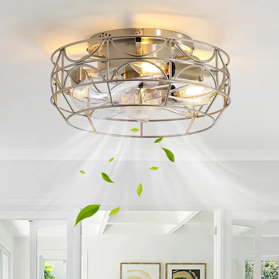 Nickel Caged Ceiling Fans with Lights and Remote,6 Speeds,12 inch Industrial Flush Mount Ceiling Fan with Light, Modern Bladeless Fan Lights Ceiling Fixtures for Kitchen, Bedroom,Indoor