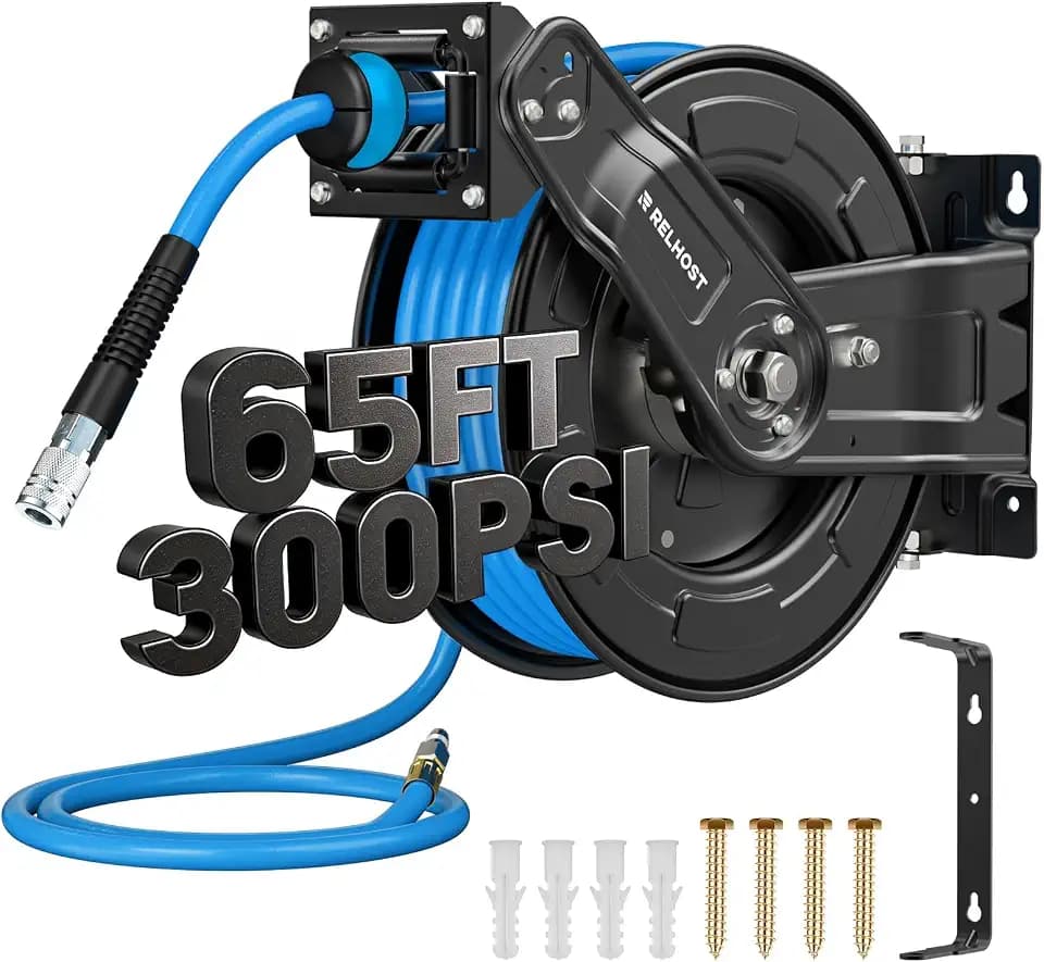 Relhost Retractable Air Hose Reel, 65 ft x 3/8 in Hybrid Air Hose Max 300PSI, Heavy Duty Air Compressor Hose Reel with Dual Arms, Auto Rewind, 180° Swivel Ceiling/Wall Mount for Garages, Workshops