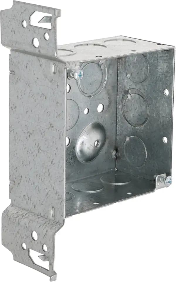 RACO 8235 2-1/8-Inch Deep, Eight 1/2-Inch Side Knockouts and 5 TKO Knockouts, Wood/Metal Stud Bracket, Welded 4-Inch Square Box, Flush, Gray