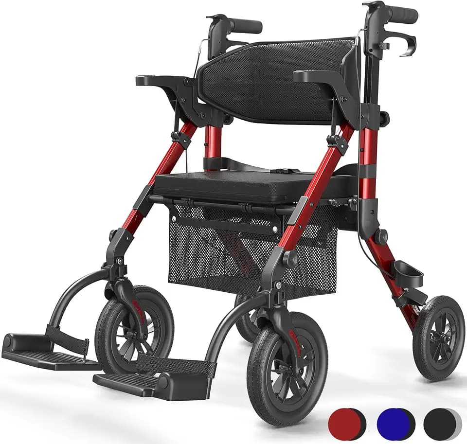 VOCIC 2 in 1 Rollstuhl Rollator Faltbar Leicht mit Sitz,Outdoor Gummireifen