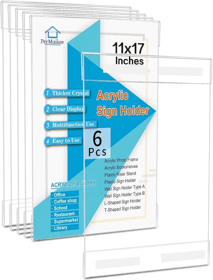 PecMuikee 11 x 17 Acrylic Sign Holder Horizontal ,Wall Mount Sign Holders Clear Acrylic Frame with Double Sided Tape Clear Poster Frames Plastic Sign Holder for Office, Home, Landscape, 6 Pack