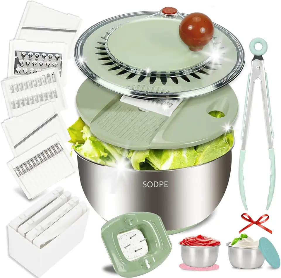 Stainless Steel Salad Spinner Large with 5 Blades Slicer, Lettuce Washer Spinner and Dryer, Vegetable Fruits Chopper Bowl, Egg Yolk Strainer Comes with Dipping Saucers and Clip, 5.3Qt