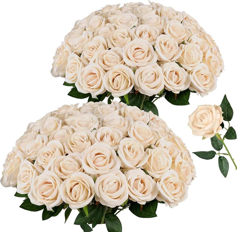 AmyHomie 48 PCS Champagne Roses, Velvet Realistic Fake Flowers w/Stems
