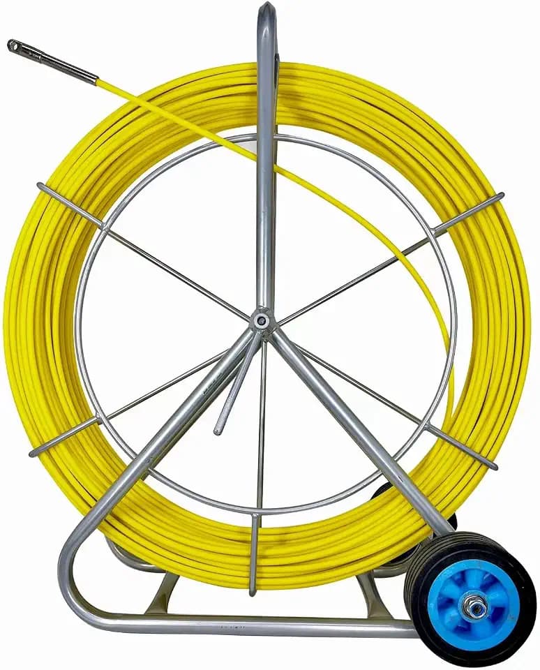 8MM 150M Fiberglass Duct Rodder Conduit Fish Tape Cable Puller Electrical Wire Puller Fiberglass Running Rod Wheel with Cage