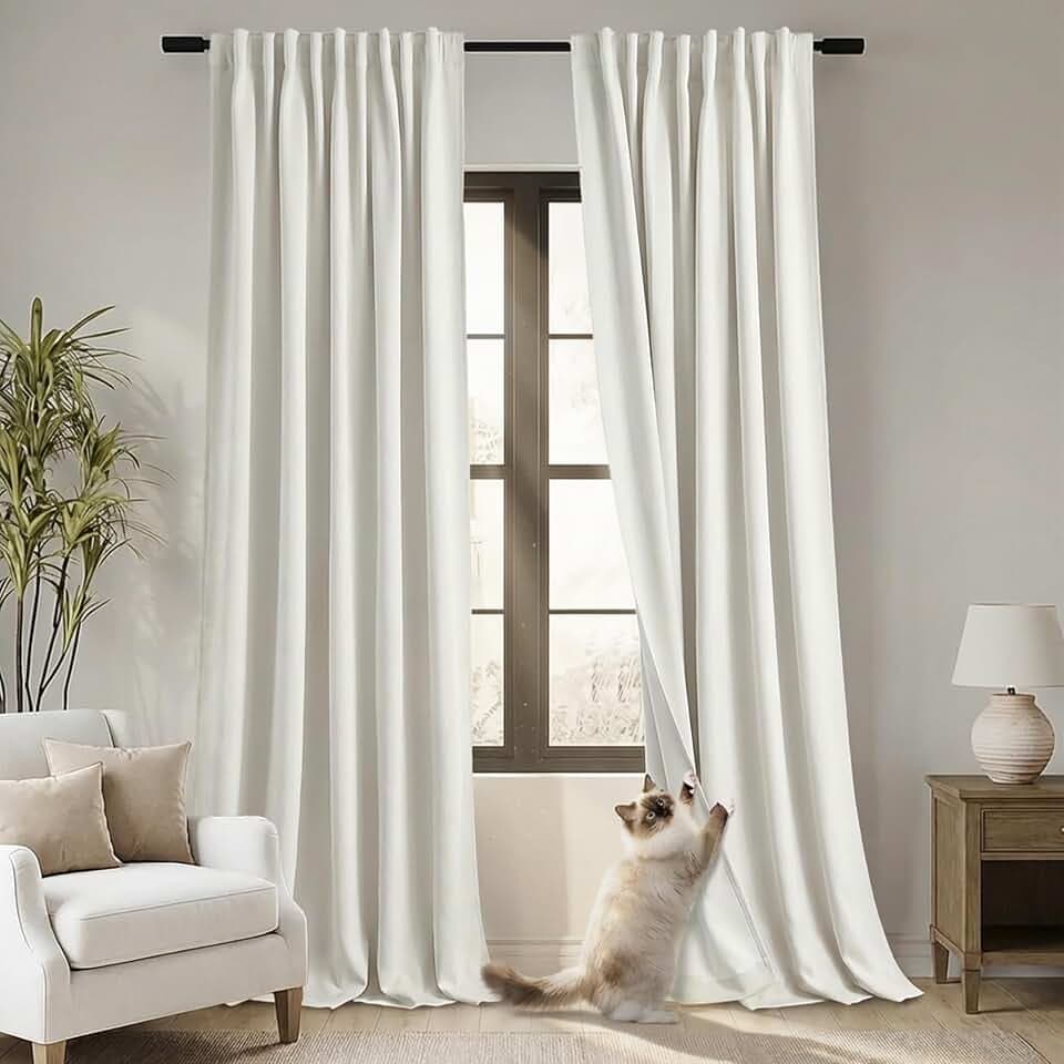 102 Inch Long Curtains 2 Panel Set,Pleated Linen Black Out Back Tab Darkening Thermal Insulated Blackout Extra Long Curtains Drapes for Living Room,with Hooks Rings,52x102 in Length,Cream Ivory