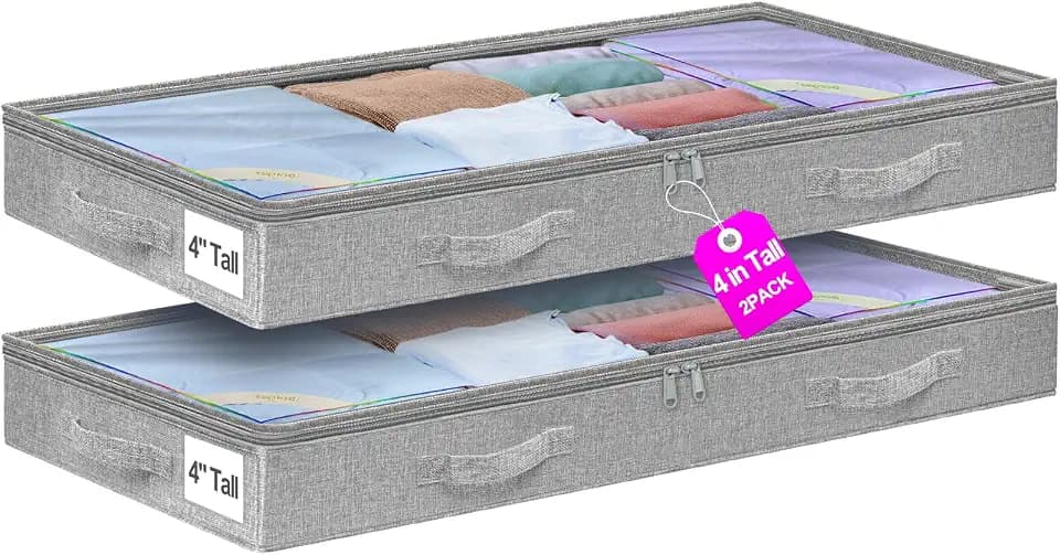 punemi 4 inch High Soft Low Profile Under Bed Storage Bins, 2 Pack, Grey