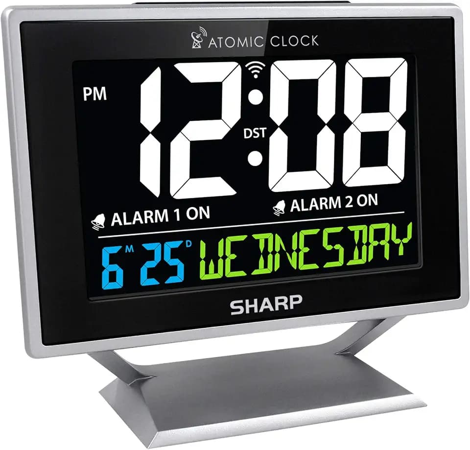 Sharp Atomic Alarm Clock, Auto Set, Color Display, Dual Alarm, Calendar
