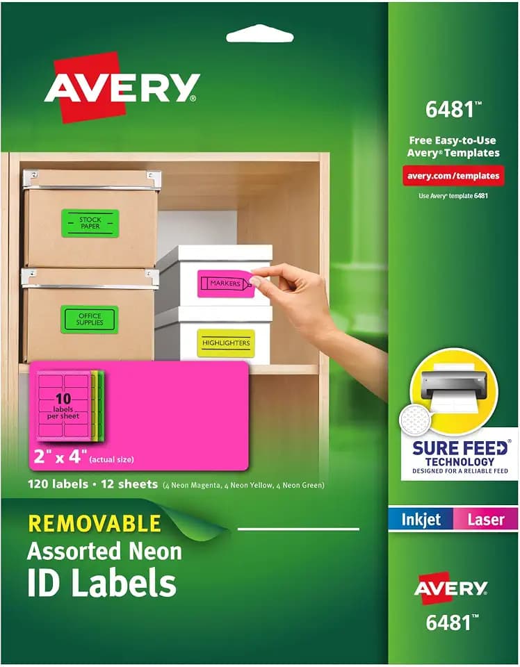 Avery Printable Labels with Sure Feed, 2" x 4", Assorted Neon Colors (Green, Magenta, and Yellow), Removable Adhesive, Laser & Inkjet Compatible, 120 Blank Labels Total (6481)