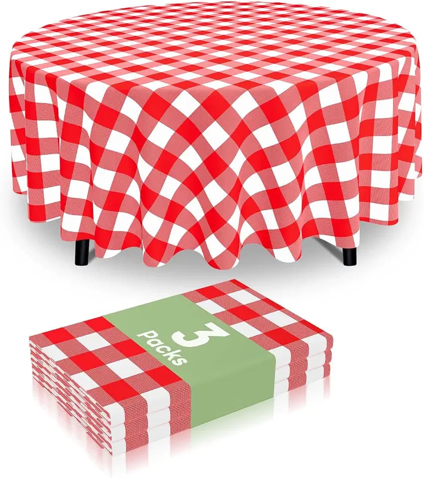 Smiry 3 Pack Red Gingham Disposable Tablecloths, 84 Inch Round Heavy Duty Plastic Table Cloth, Waterproof Buffalo Plaid Table Covers for Picnic, Banquets, Outdoor Parties