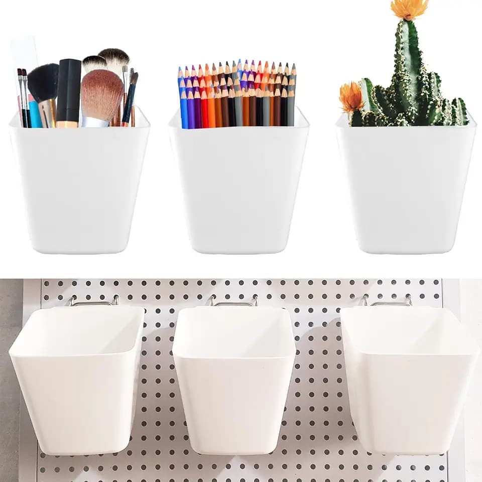 Pegboard Cups with Hooks 6 Pack - Peg Board Organizer Storage Bins (White)