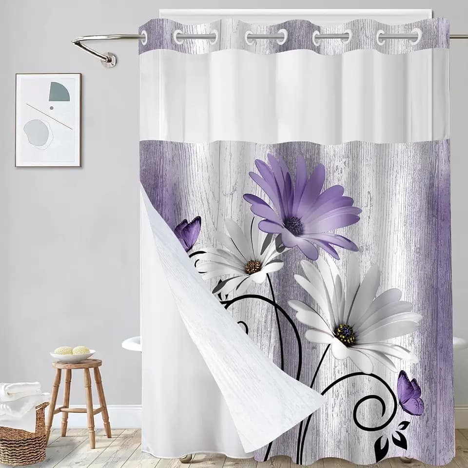 Hookless Shower Curtain with Snap in Liner, Purple Floral, 72W x 75L