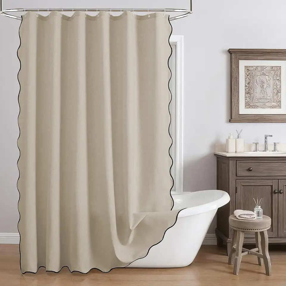 Linen Scallop Shower Curtain with 12 Clear Hooks, Waterproof, 72x72, Beige