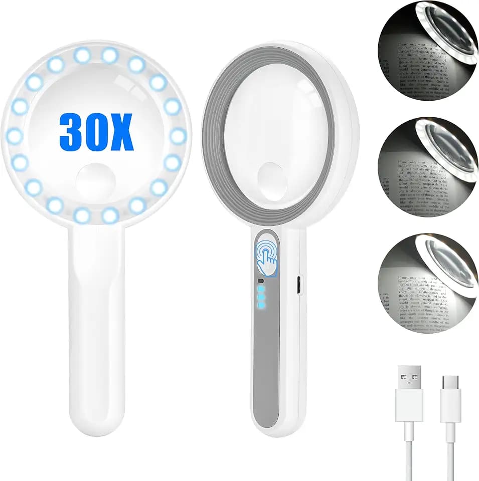 Handlupe mit 18 LEDs, 30-facher Zoom, hochempfindlicher Touch-Schalter, Batterieanzeige, ideal für Senioren, Kinder, Schmuck, Lesen und mehr.