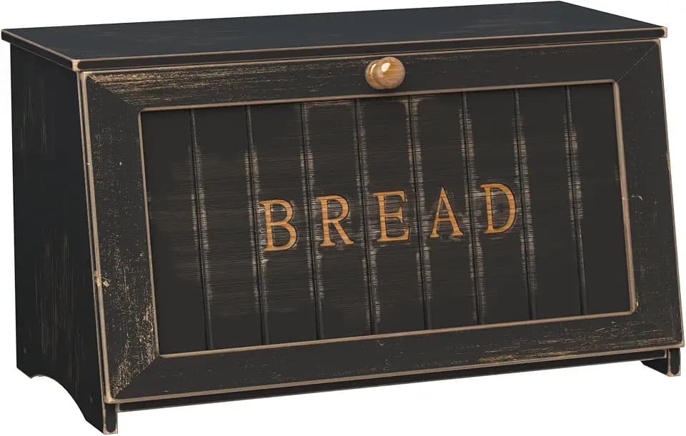 Vintage Bread Box for Kitchen Countertop, Retro Design Bread Storage Container, Farmhouse Wooden Counter Breadbox, Small Bamboo Bread Bin Holder for Homemade Bread, Black