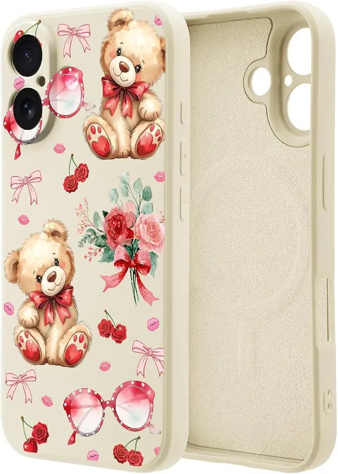 for iPhone 17 Case Compatible with MagSafe,Girly Romantic Valentines Bear Glasses Bouquet Phone Case,Soft White Liquid Silicone Slim Fit Protective Cover for Women Girls