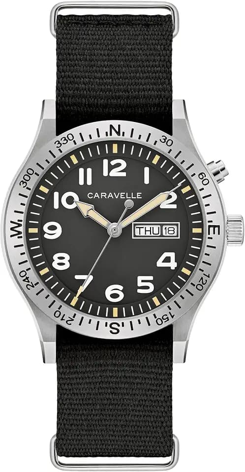 Caravelle by Bulova Men's Quartz Watch, Vintage Lite Up, Black Nylon Strap, Black Dial, Day/Date Style: 43C125