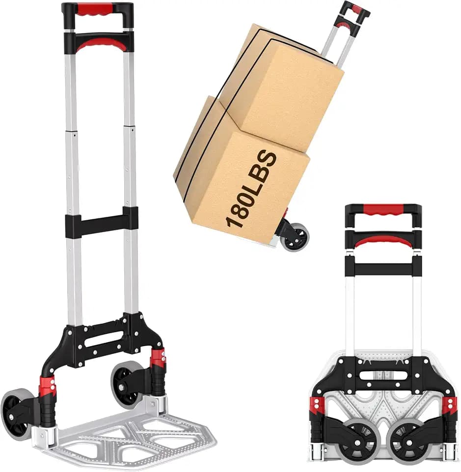 DIAMONDFORGE Folding Hand Truck, 180lbs Lightweight Foldable Dolly Cart with Wheels and Telescopic Handle, Portable Folding Dolly with Rubber Wheels for Moving Groceries, Home, Auto, Black Red