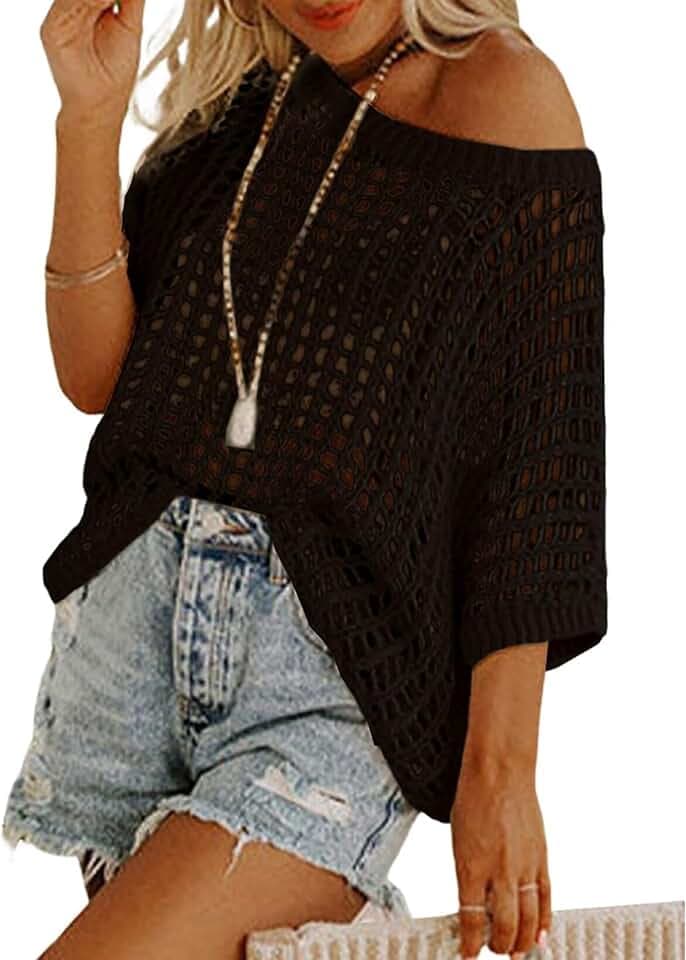 Crochet Tops for Women Off The Shoulder Beach Coverup for Swimsuit Oversized Hollow Out Summer Tops