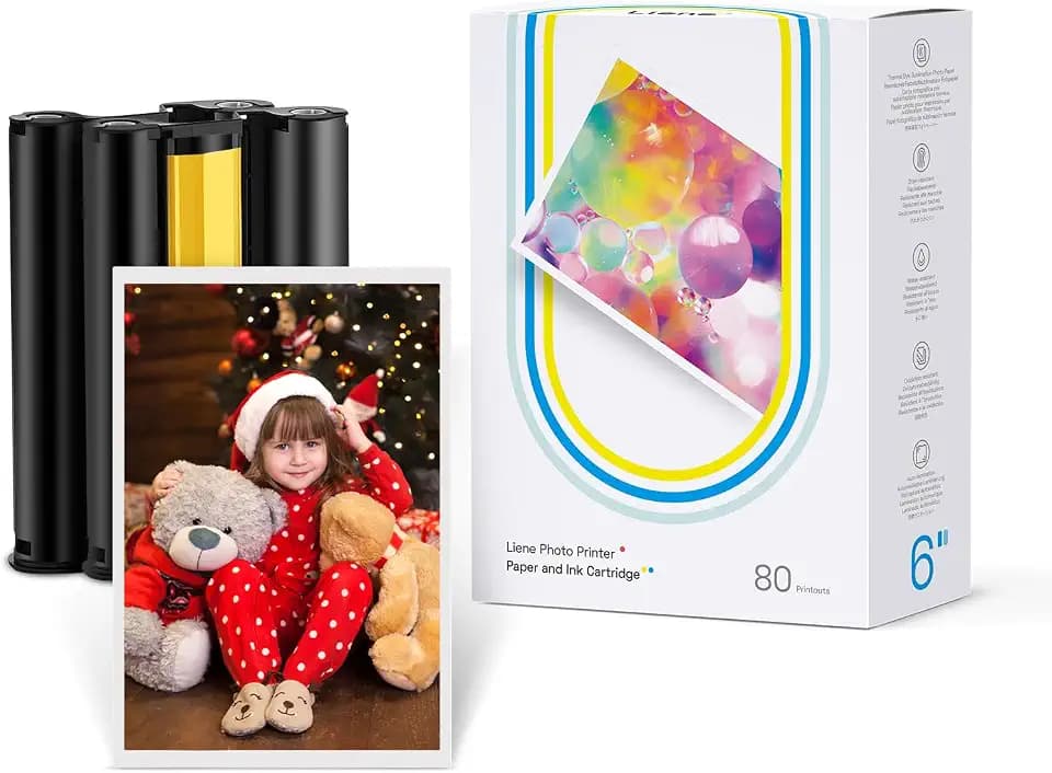 Liene Amber M100/M200/M110/M210 4x6" Photo Printer 80 Sheets Photo Paper & 2 Ink Cartridges Refill, Dye Sublimation, Only for Liene DHP512/DHP513/DHP514/DHP515 Printer, for Display, Framing, Scrapbook