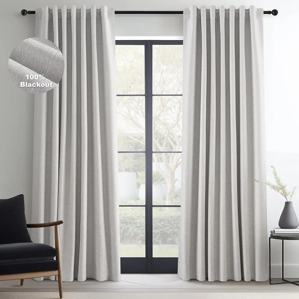Topfinel Grey Beige Linen Blackout Curtains 84 Inch Long for Bedroom Living Room, Greige Gray Pinch Pleat Back Tab Gothic Moody Viral Drapes Mordern Boho Curtains for Window Dining Room 7 FT