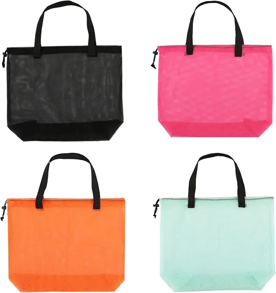 4PCS Colorful Mesh Beach Tote Bags With Drawstring For Poolside,Swim,Travel