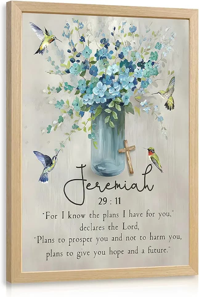 LLEEMPI Framed Christian Scripture Wall Art, Bible Verse Wall Decor, Watercolor Flower Canvas Painting, Blue Floral Hummingbird Poster Print for Living Room Dining Room Hallway 16x24 Inch