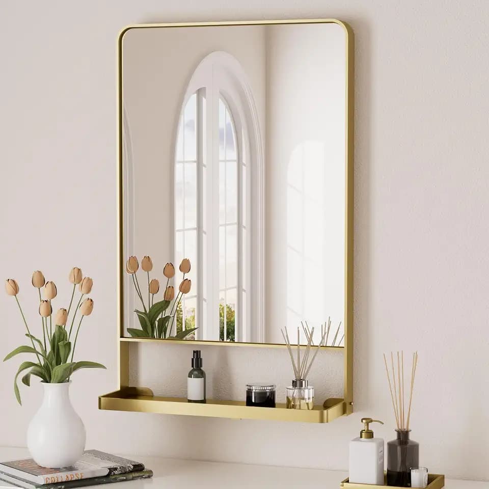 Keonjinn 18" x 28" Gold Bathroom Mirror with Shelf, Rounded Corner