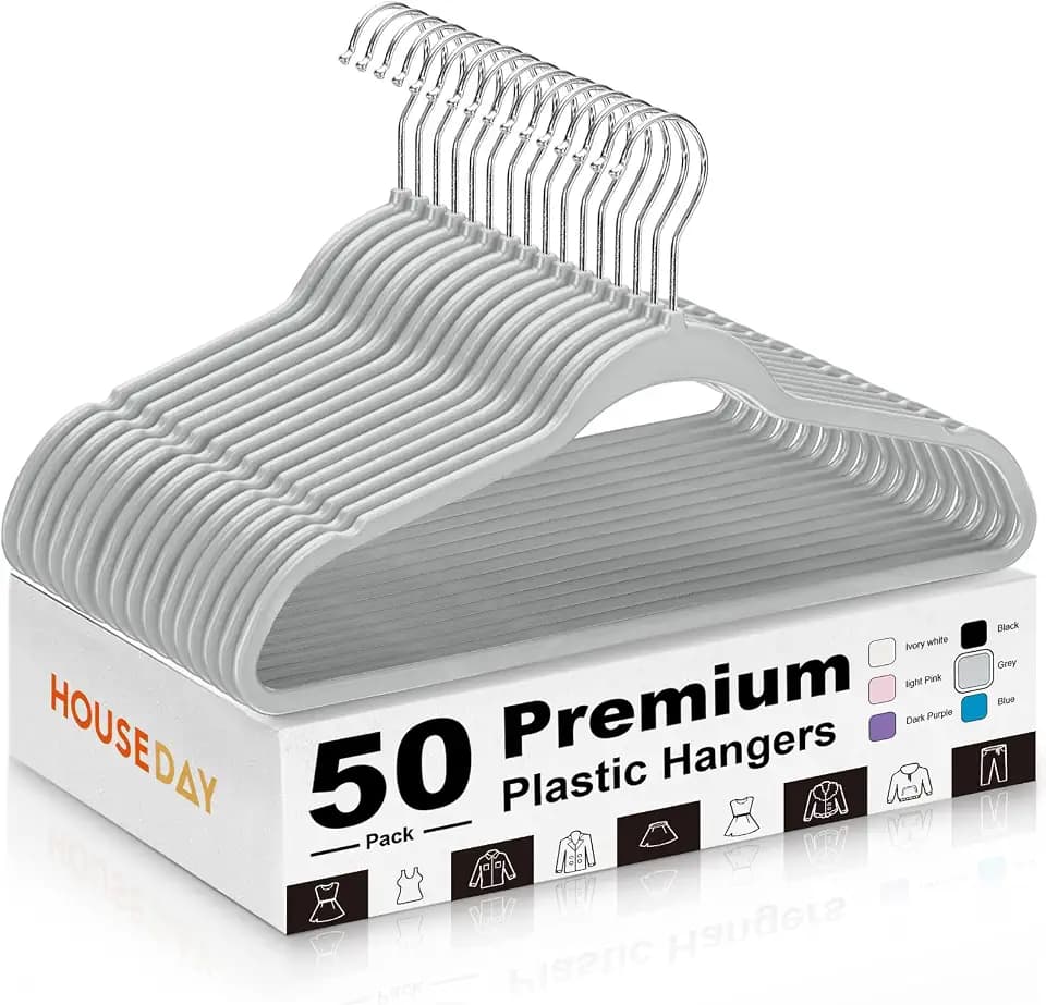 HOUSE DAY Grey Plastic Hangers 50 Pack - Ultra-Thin Heavy Duty Non-Velvet