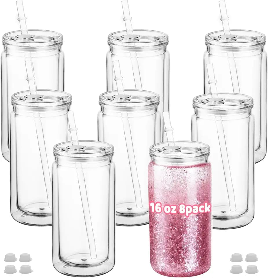 8 Pack 16oz Snow Globe Tumblers with Lids, Straws & Plugs, Double Wall Acrylic Plastic Snowglobe Cups, Pre-Drilled Hole DIY Glitter Tumbler Supplies, Bulk Clear Globe Cups for Party Favors