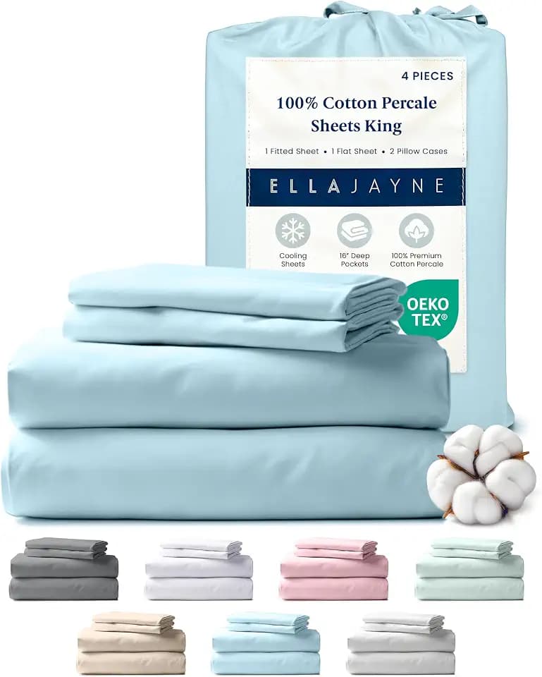 Ella Jayne Percale Sheets King Size (4 Pieces) Permium 100% Cotton Percale TC300, Hotel Luxury Collection, Deep Pockets and Cooling Cotton Percale Sheets King (Aqua)