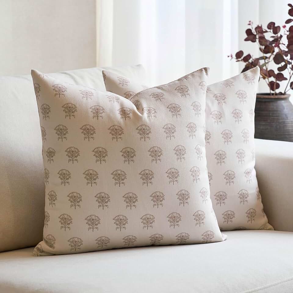 Amor Virisso Set of 2 Floral Throw Pillow Covers 18x18 Inch, Vintage Decorative Block Print Pillow Covers Neutral Accent Farmhouse Pillows Home Decor for Sofa Couch Bed, Light Camel