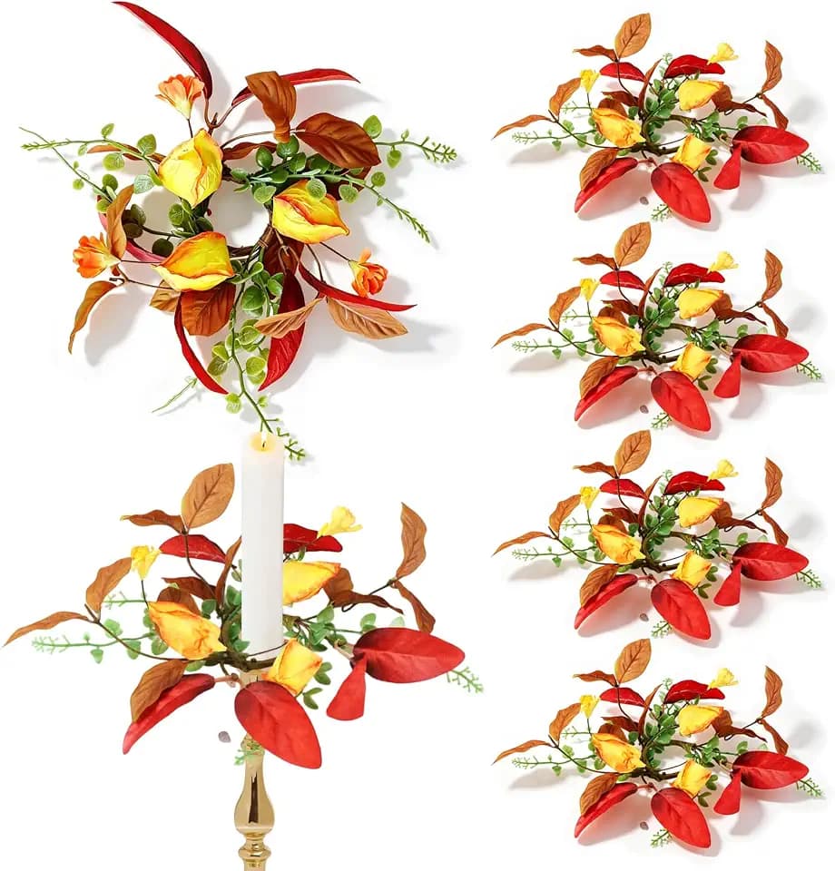 6 PCS Fall Taper Candle Rings 1.38" Mini Artificial Autumn Flower Taper Candle Holder Wreaths with Floar Eucalyptus Thanksgiving Harvest Table Centerpieces Decor for Candlesticks Farmhouse Home Decor