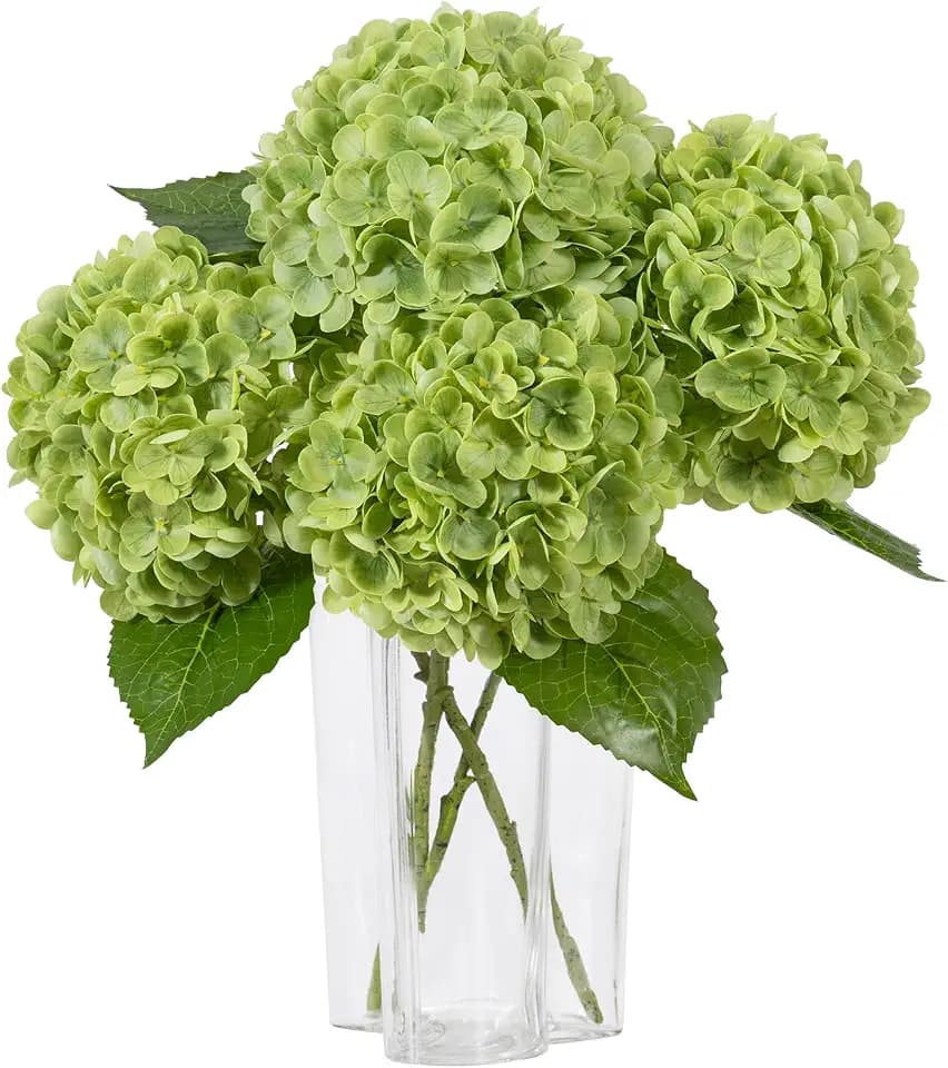 DuHouse Green Artificial Hydrangea Flowers, 3Pcs Real Touch Wedding Stems