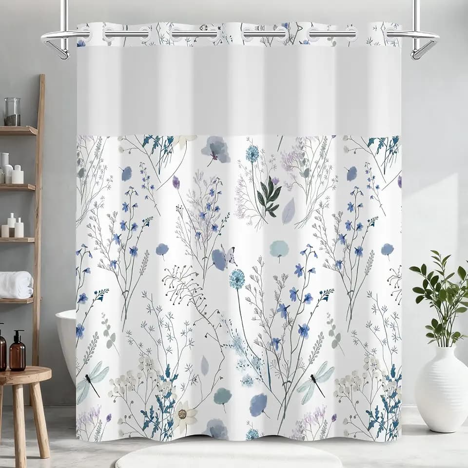 No Hook Watercolor Floral Shower Curtain and Liner Set, Hotel Style Waterproof Fabric Shower Curtain with See Through Top Window, Blue Flower Modern Farmhouse Minimalist Decor for Bathroom, 71x74 Inch