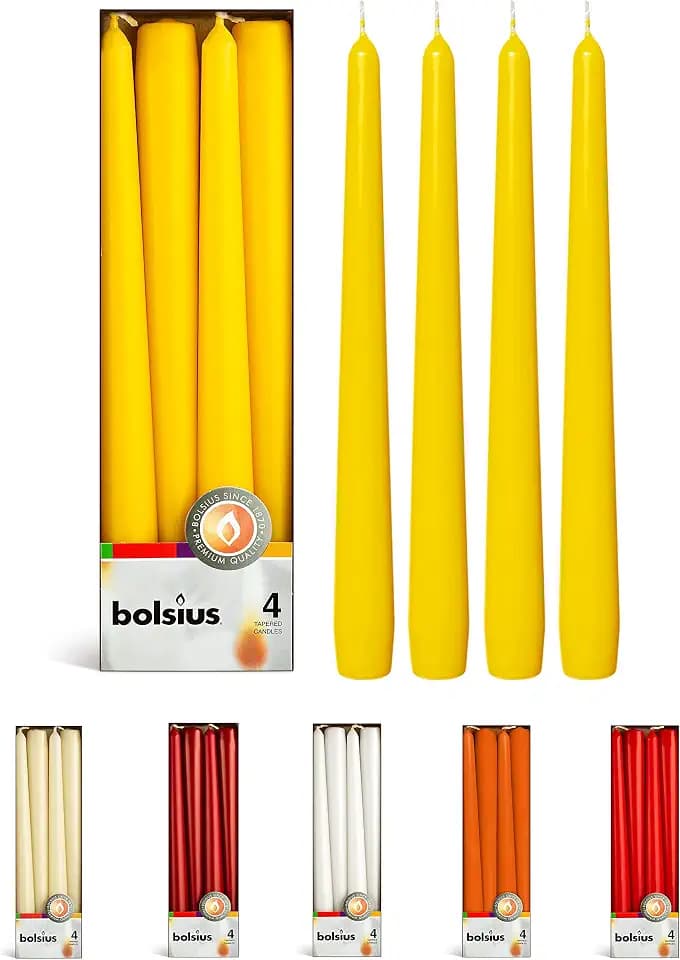 BOLSIUS Yellow Taper Candles - 4 Pack Unscented 10 Inch Dinner Candle Set - 8 Hours Burn Time - Premium European Quality - Smokeless and Dripless Household Wedding, Party, and Home Decor Candlesticks