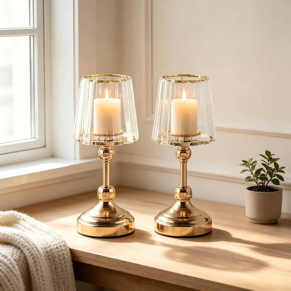 2 Pcs Crystal Candle Holders 11" Gold Hurricane Centerpieces for Wedding