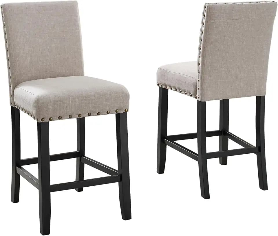 Biony Tan Fabric Counter Height Stools with Nailhead Trim, Set of 2