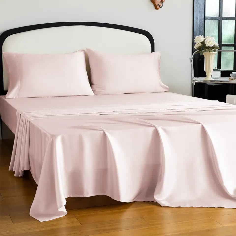 Queen Size Tencel Lyocell Cooling Sheets, Silky Soft Sheet Set with 16 Inch Deep Pocket, Breathable Eucalyptus Bedding for Hot Sleepers, Marshmallow Pink