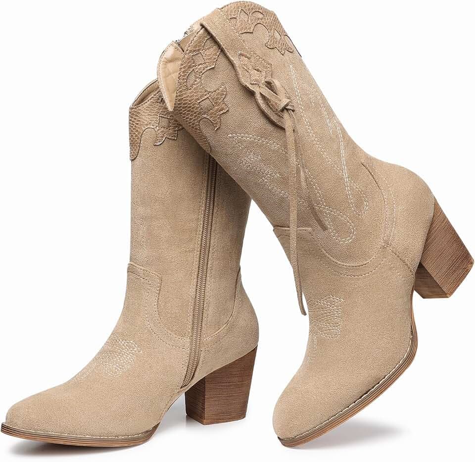 SHIBEVER Cowgirl Boots for Women: Western Mid Calf Suede Boot for Dancing