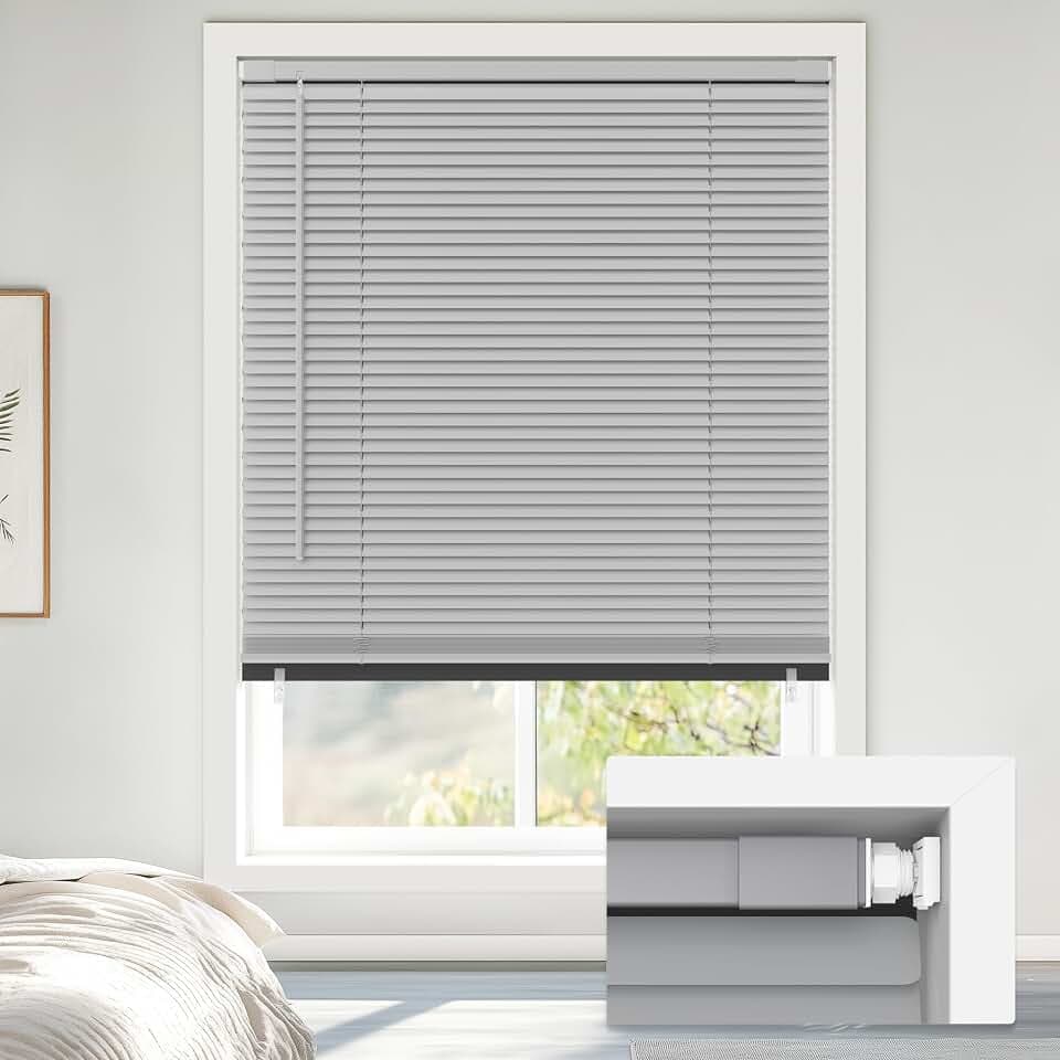 LazBlinds No Drill Blackout Vinyl Mini Blinds, Grey 41"x64"