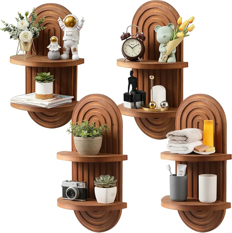 VZZNN 4 Pack Boho Wall Decorative Wall Shelf - Solid Wood Water Ripple Floating Shelves for Bedroom Indoor Decoration Holding Planter Ornaments, 15.6 x 8.66 Inch (Walnut)