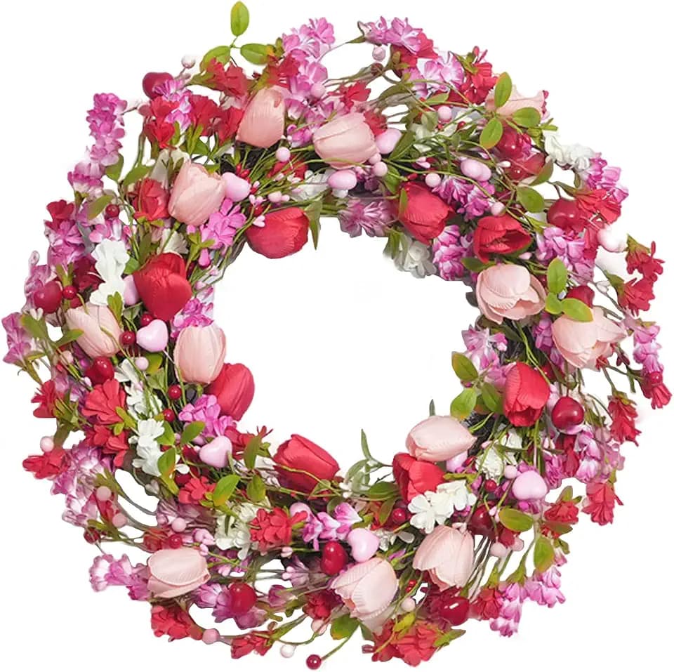 22 Inch Valentines Day Wreath Pink Valentine's Day Wreaths for Front Door Tulip Wreath with Red Hearts and Berries for Valentine Wedding Anniversary Candlelight Dinner Indoors Outside