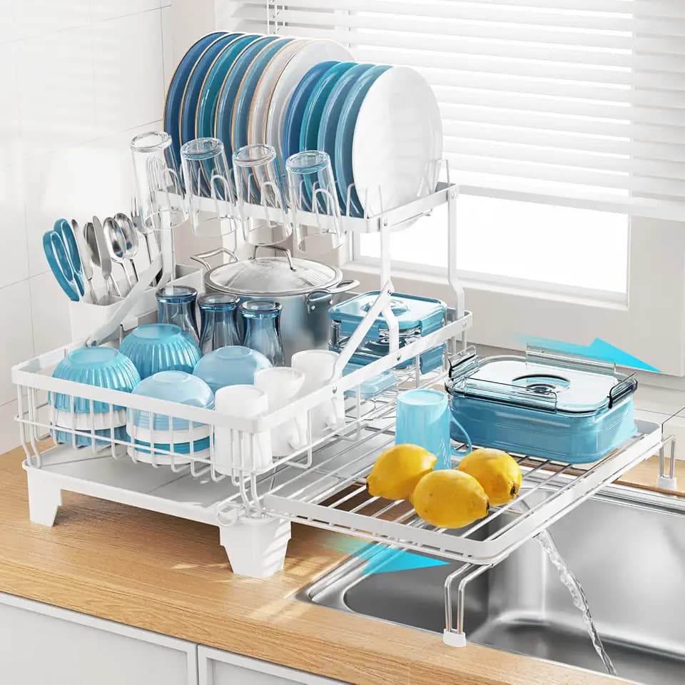 GSlife Large Expandable 2 Tier Dish Drying Rack - Over Sink & Counter Use