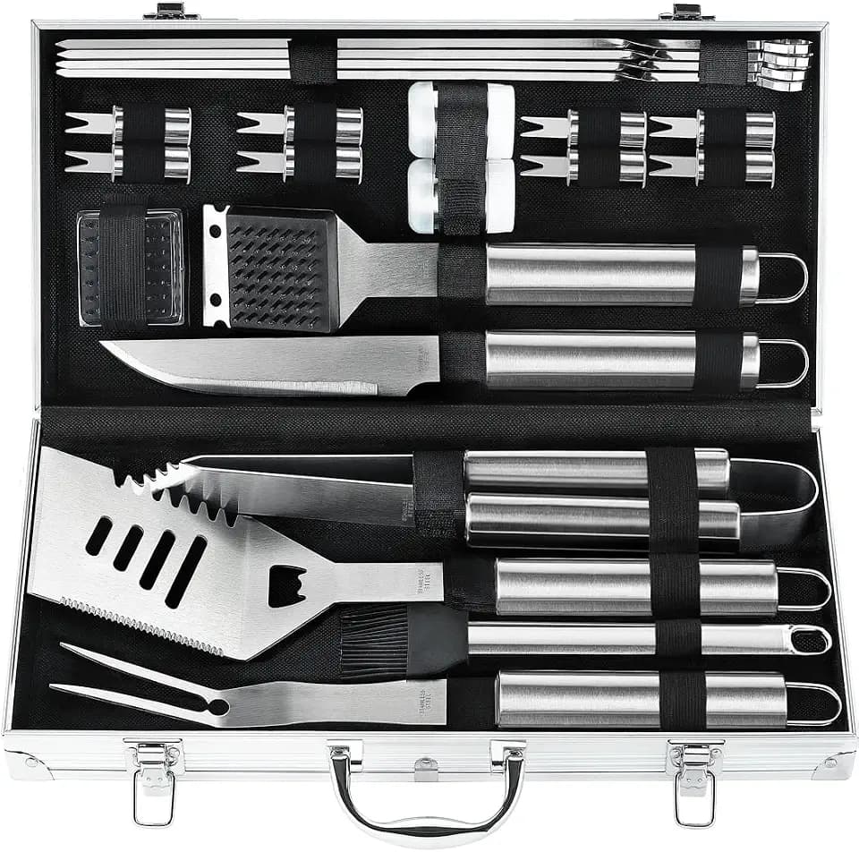 POLIGO 22PCS Heavy Duty BBQ Grill Accessories Set, Non-Slip Grill Tools for Outdoor Grill Set Stainless Steel Grill Utensils Set, Deluxe Grilling Tools Set in Aluminum Case Ideal Gifts for Men Silver