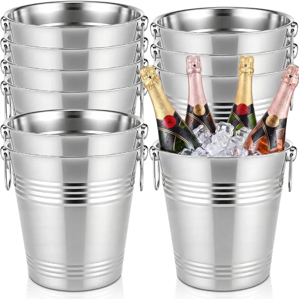 meekoo 10 Packs 8.4QT / 8L Champagne Ice Bucket Bulk Stainless Steel Ice Buckets with Handle Metal Silver Chiller Buckets for 250th Party Bar Supplies Insulated Beer Wine Cooler Bucket