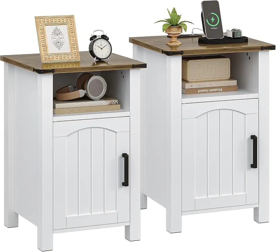 Decofy Farmhouse Nightstand with Charging Station, Set of 2, White