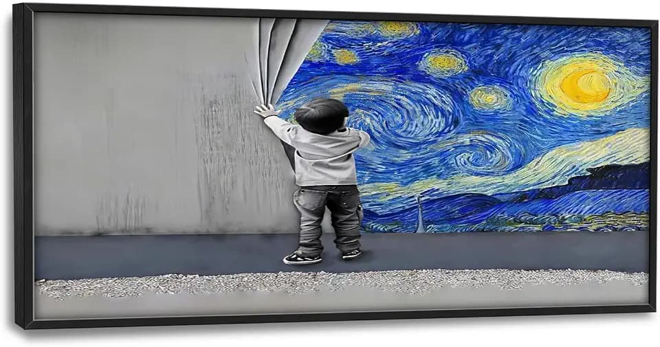 Banksy Large Wall Art Boys Starry Night Street Graffiti Pictures Wall Decor Kids Canvas Painting Pop Home Modern Artwork Decorations Framed for Living Room Bedroom Bathroom Office 60x30inch