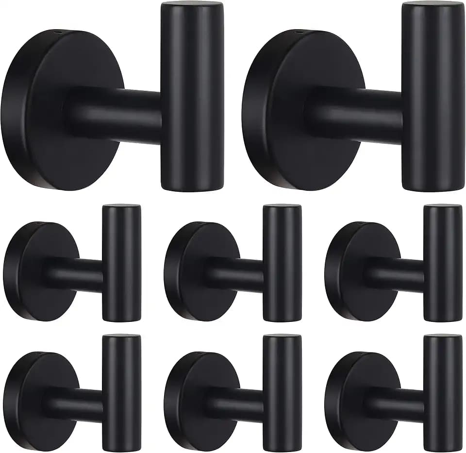 Bathroom Robe Towel Hooks Coat Matte Black Wall Hook Stainless Steel Heavy Duty Door Hanger Towel Robe Clothes Cabinet Closet Sponges Hook for Bathroom Bedroom Kitchen Hotel Pool 8 Packs